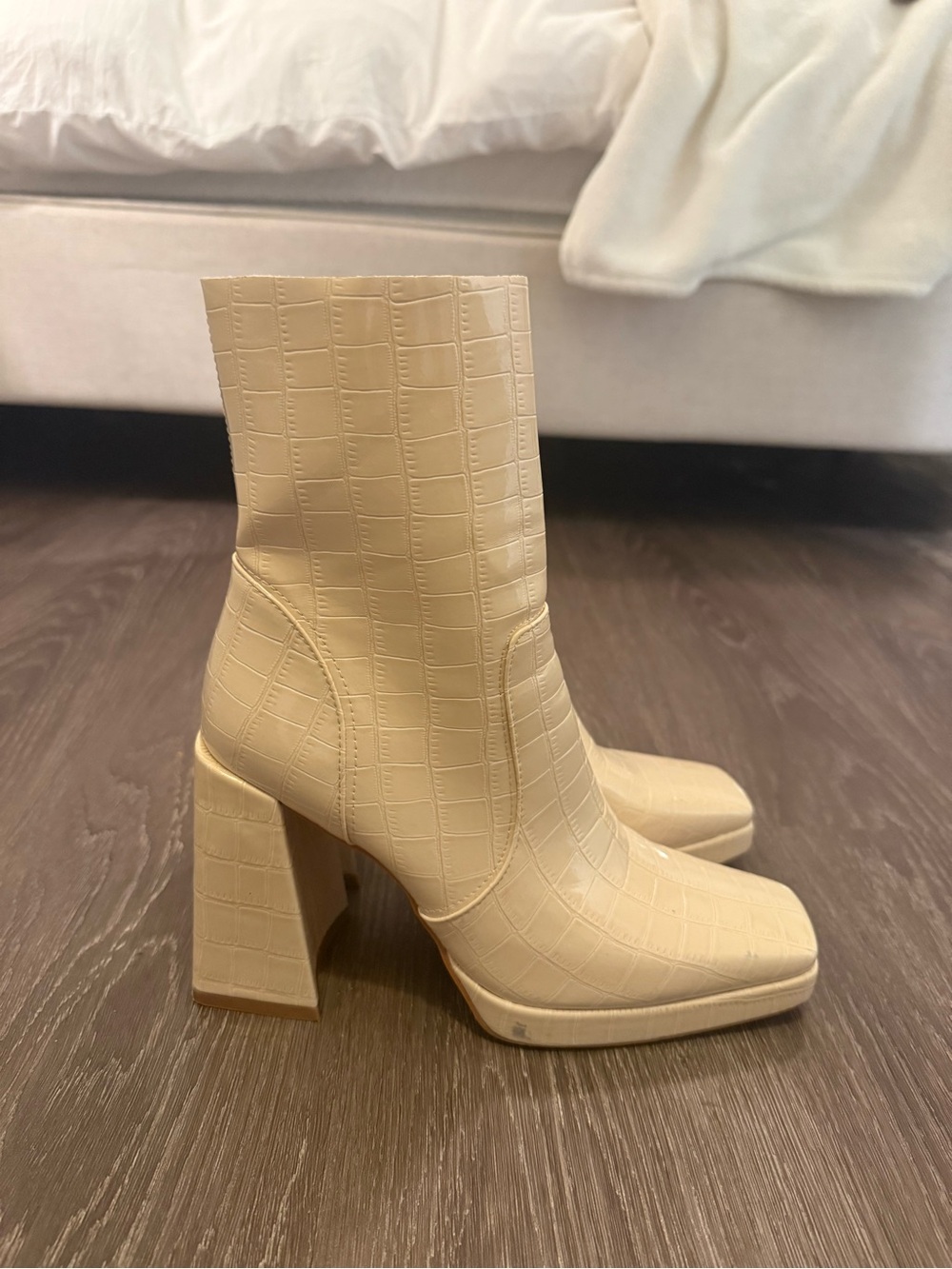 Princess Polly Cream Croc-Embossed Block Heel Ankle Boots